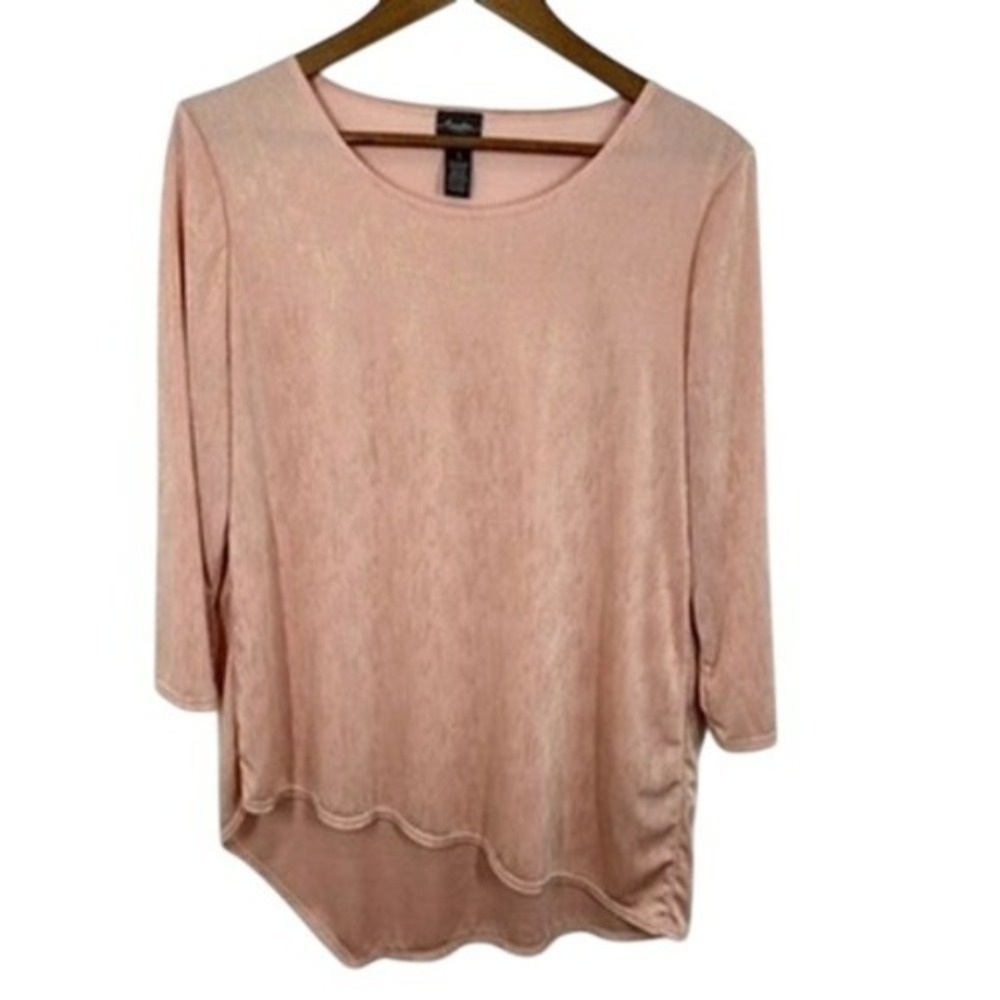 Travelers by Chico's Liquid Knit Top Pink Gold‎ Metallic 3/4 Sleeve Asymmetrical